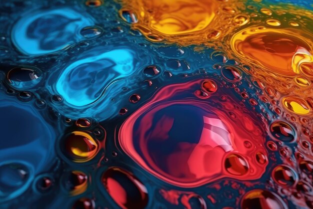 A colorful water droplet is reflected in the water.