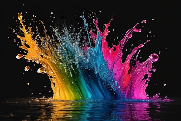 Colorful water droplets and splashes on black background