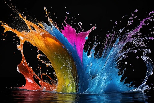 Colorful water droplets and splashes on black background