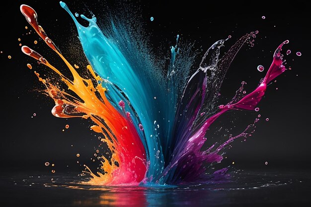 Colorful water droplets and splashes on black background