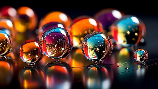 Colorful water drops of oil with reflection on black background Macro shot