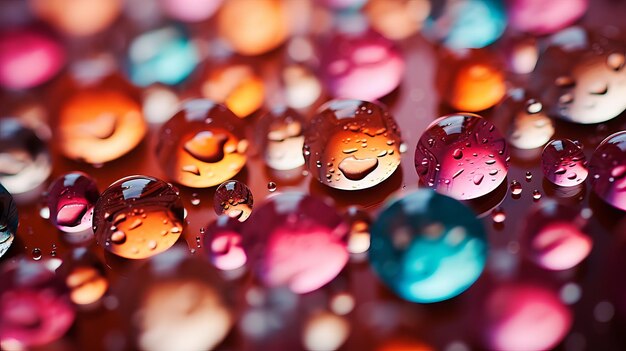 Colorful water drops on a reflective surface