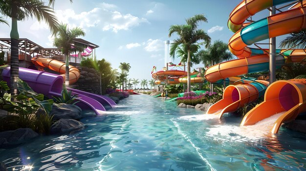 Colorful water slides at a tropical water park on a sunny day ideal vacation destination for families vibrant funfilled leisure activity AI