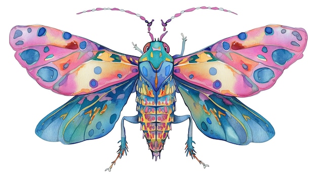 Colorful Watercolor Adorable Blue and Pink Bug with Spread Wings Cartoons