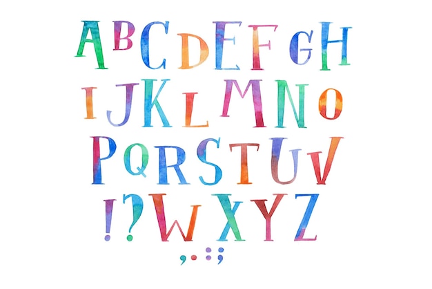 Colorful watercolor aquarelle font type handwritten hand draw abc alphabet letters