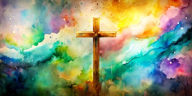 Colorful Watercolor Backdrop With Jesus Cross Illustration