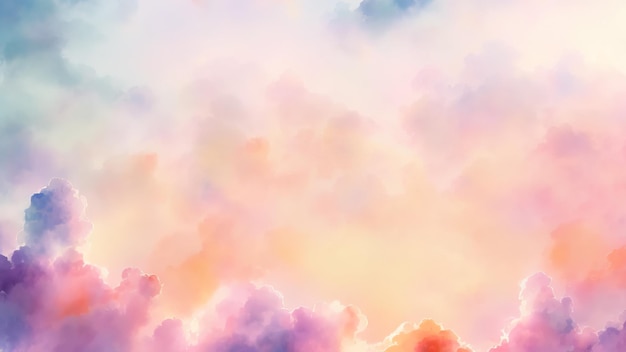 Colorful watercolor background of abstract sunset sky with puffy clouds in bright rainbow