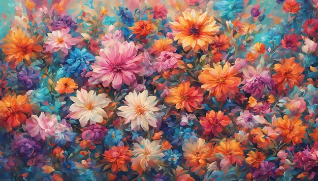 Colorful watercolor background of many flowers of different types. Nature illustration. Generative AI