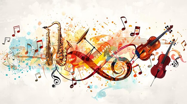 楽器と音符のカラフルな水彩の背景 この画像は音楽愛好家やミュージシャンに最適です