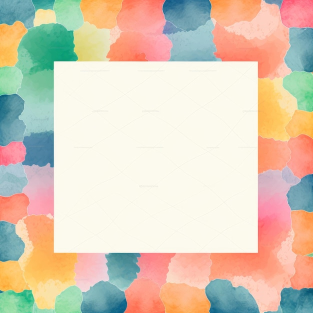 A colorful watercolor background with a white square in the middle