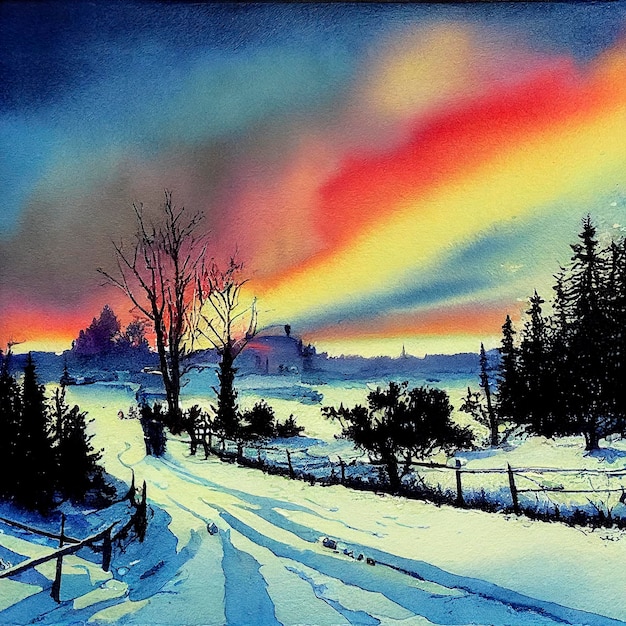 Colorful Watercolor of a beautiful christmas winter landscape watercolor winter landscape