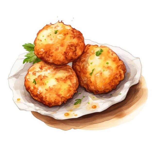 화려한 수채화 Bolinho de Bacalhau 브라질 음식 접시 손으로 그린 스케치