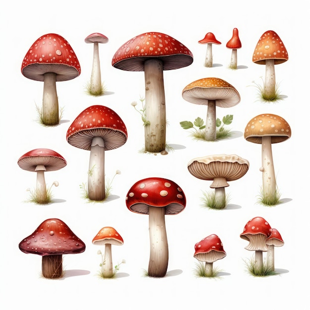 Красочные акварельные пуговицы грибы Клипарт на белом фоне Создан AI