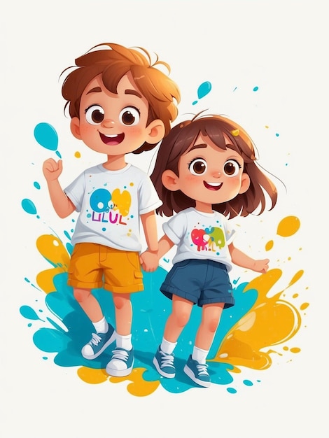 Colorful Watercolor Cartoon of a Cute and Cheerful Romantic Couple