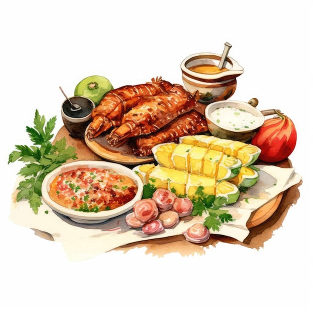 Красочная акварель Каруру бразильское блюдо в нарисованном вручную эскизе