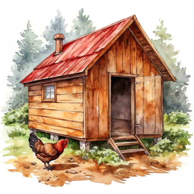 Colorful Watercolor Chicken Coop on White Background AI Generated