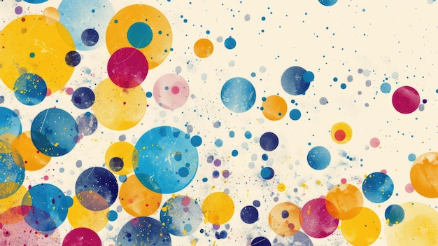 Colorful watercolor circles pattern with splashes and dots on textured background