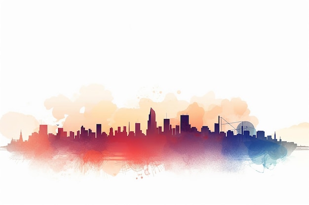 白い背景のベクトルイラストで描かれたカラフルな水彩の都市風景