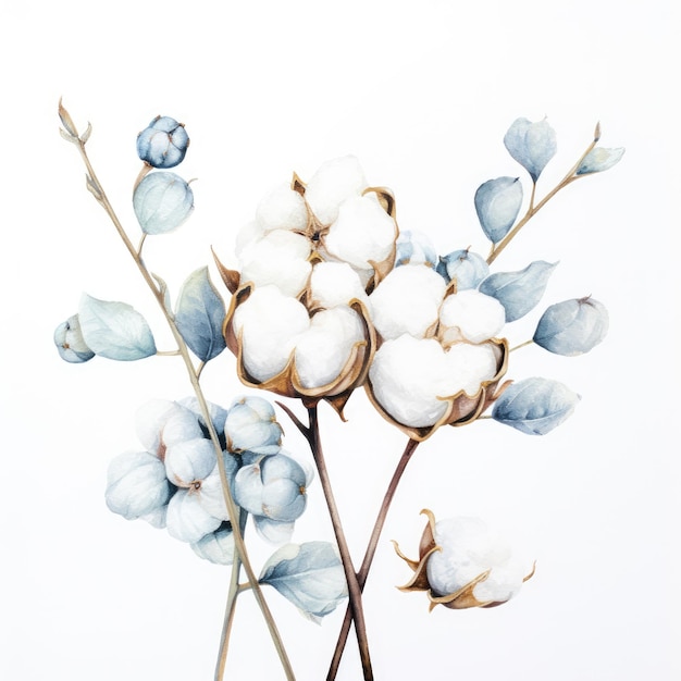 Colorful watercolor cotton plant illustration on a white background Generative AI content