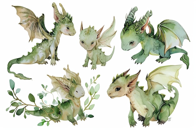 Colorful watercolor cute baby dragon character illustration on a white background