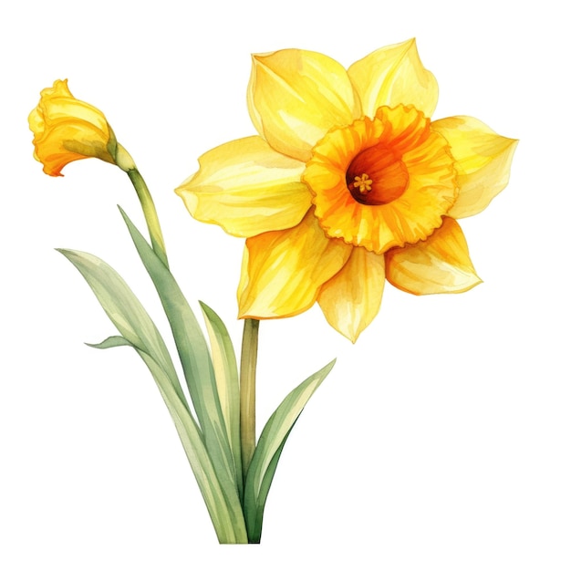 Colorful watercolor daffodil flowers illustration on a white background