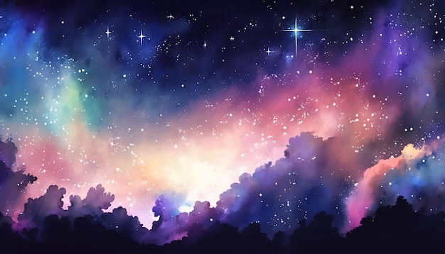 다채로운 수채화 눈부신 별이 빛나는 하늘 벽지 우주생성 AI