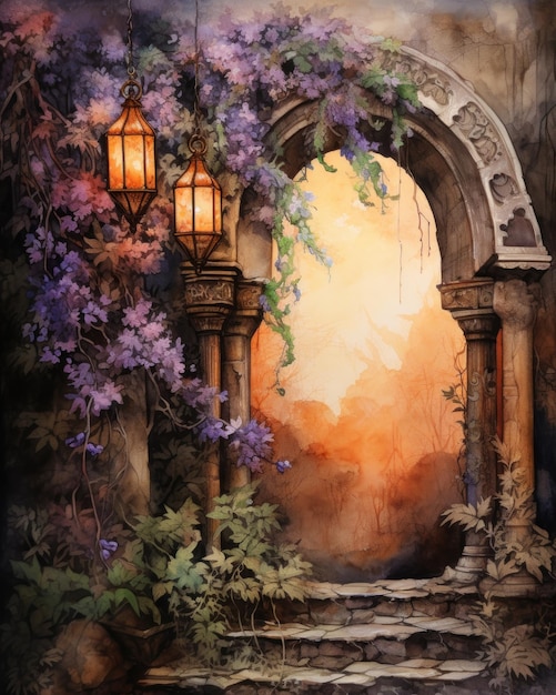 Colorful Watercolor Entrance Arc with Flowers and Lamp at Evening AI Generated