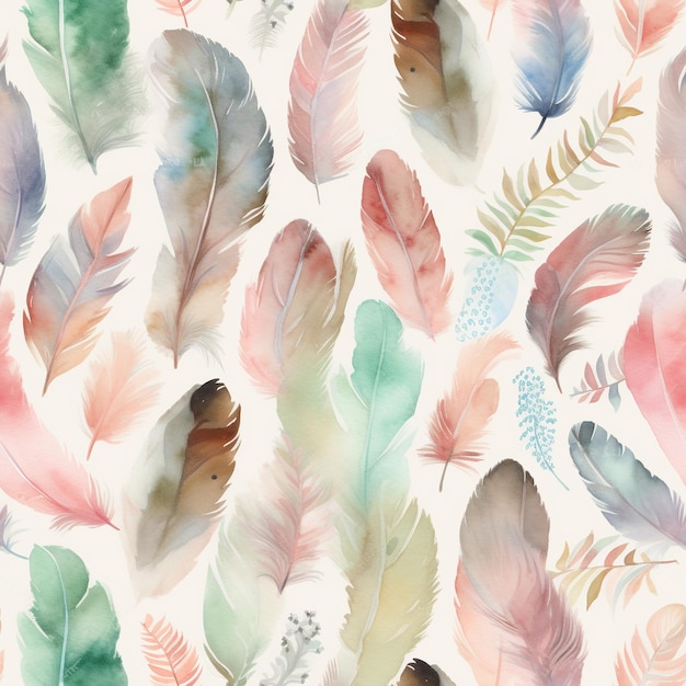 Photo a colorful watercolor feather pattern with leaves