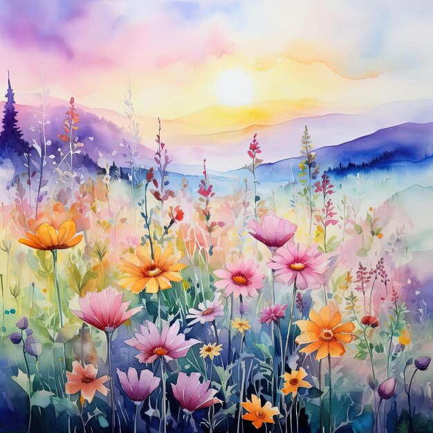 colorful watercolor flowers in the style of colorfield painting