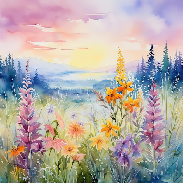 colorful watercolor flowers in the style of colorfield painting