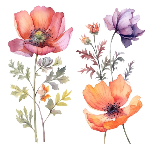 Colorful watercolor flowers on white background