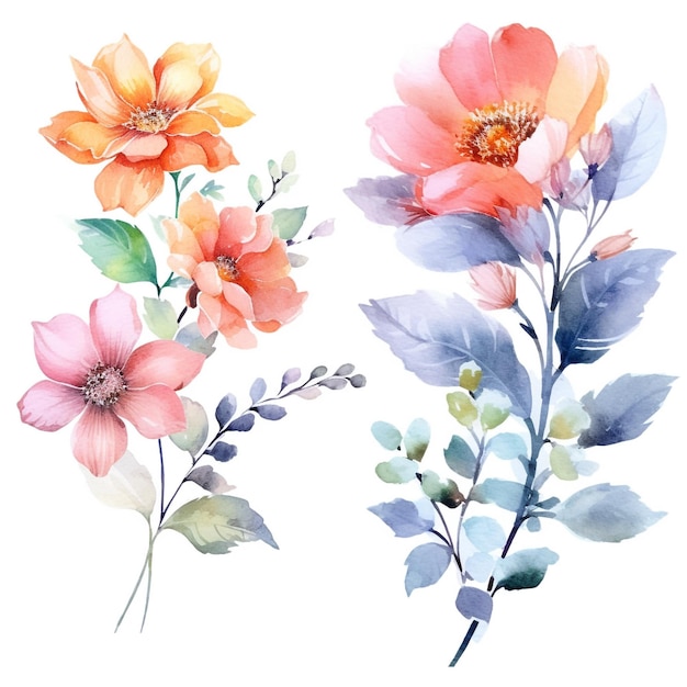 Colorful watercolor flowers on white background