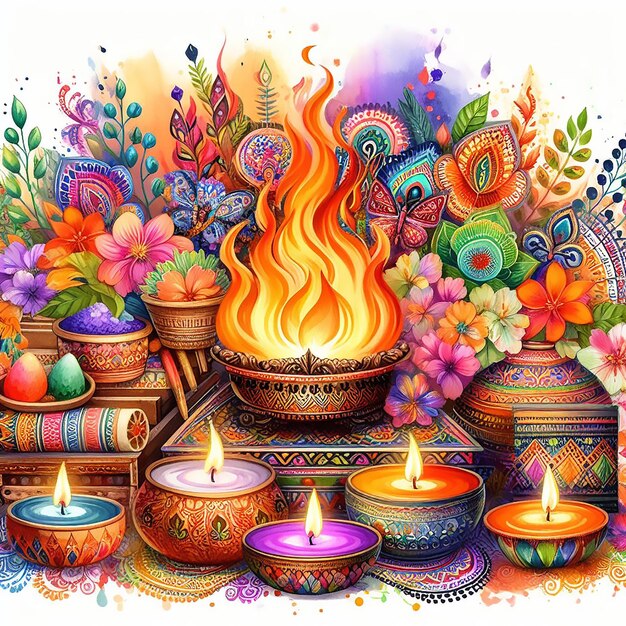 Colorful watercolor greeting card illustration for holika dahan ai generaed