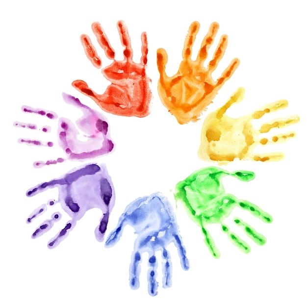 Colorful watercolor hand prints in a circle isolated on the white background