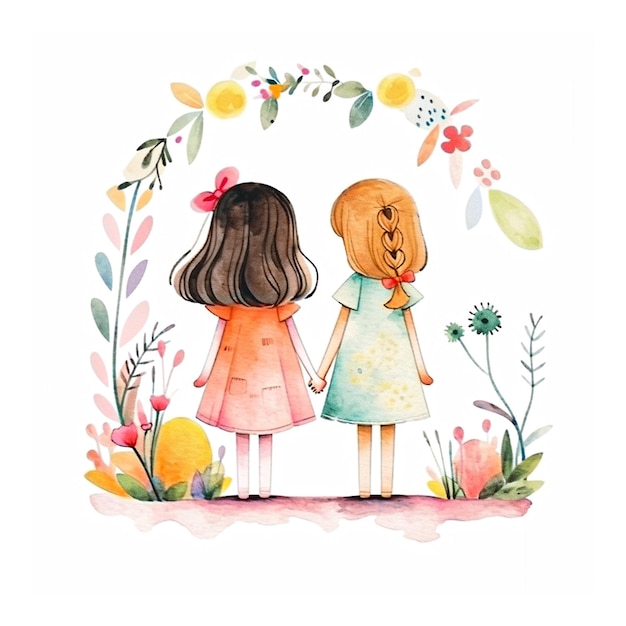 꽃과 귀여운 소녀와 함께 다채로운 수채화 행복 우정의 날 인사말 카드