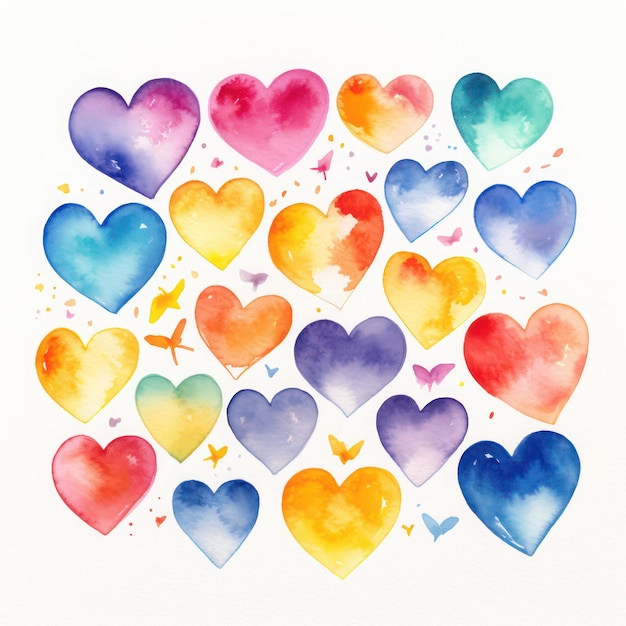 Colorful Watercolor hearts pattern on the white background