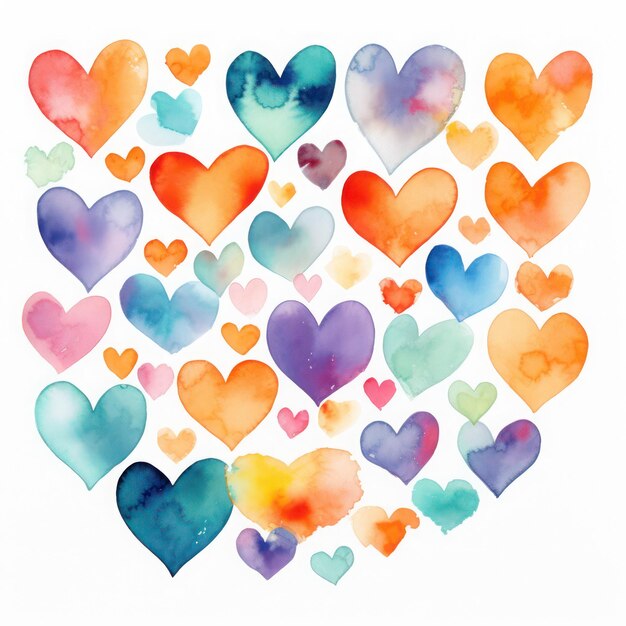 Colorful Watercolor hearts pattern on the white background