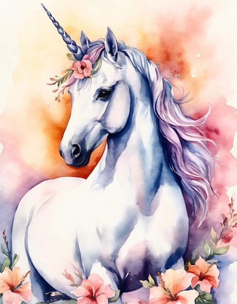 Foto illustrazione colorata ad acquerello dell'arte digitale fantastica dell'unicorno