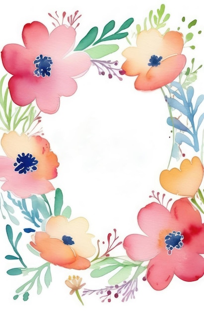 白い背景にコピースペースの花のフレームのフィールド花のカラフルな水彩画イラスト