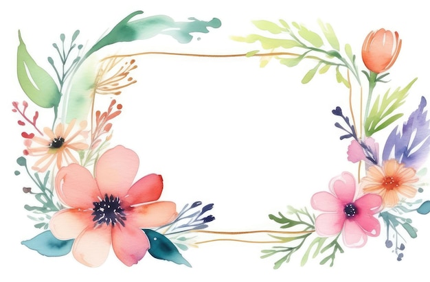 白い背景にコピースペースの花のフレームのフィールド花のカラフルな水彩画イラスト