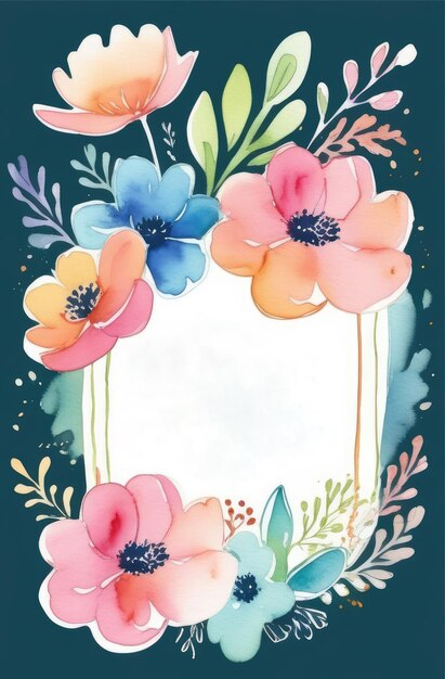 colorful watercolor illustration of field flowers floral frame with copyspace on dark background
