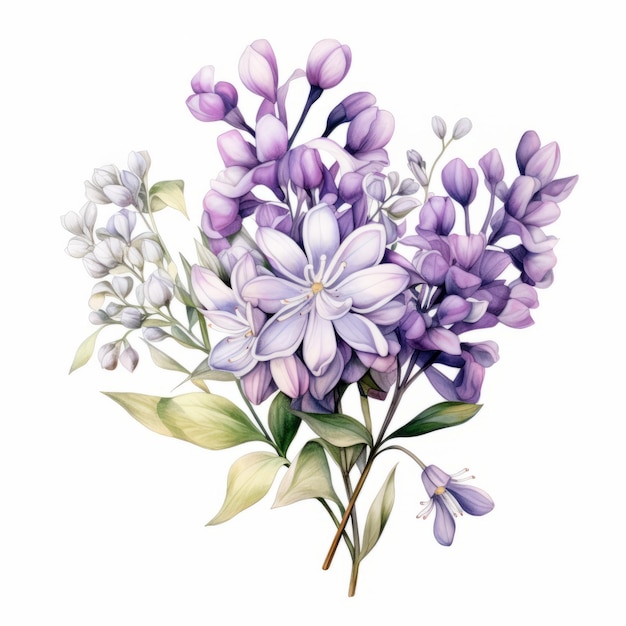 Colorful Watercolor Illustration Of Lilac Flowers On White Background