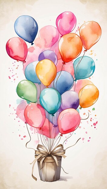 Фото Красочная акварельная иллюстрация воздушных шаров и подарков на празднование дня рождения
