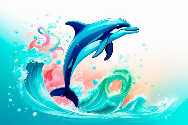 Colorful watercolor Jumping from water cute dolphin isolated in colors fantasy swirls splash