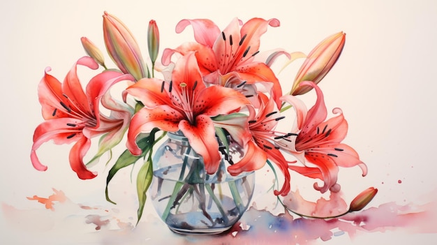 Colorful Watercolor Lilies In A Transparent Vase
