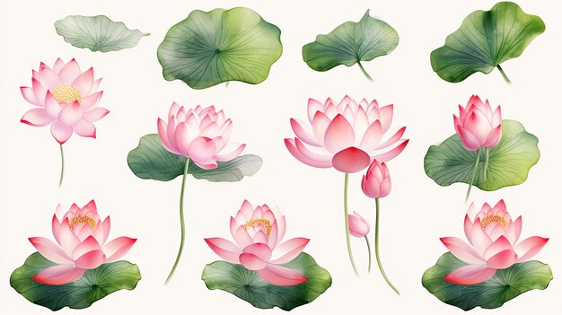 Photo colorful watercolor of lotus and lilies flower on white background vector set of blooming floral for your design adornment for wedding invitations and greeting card