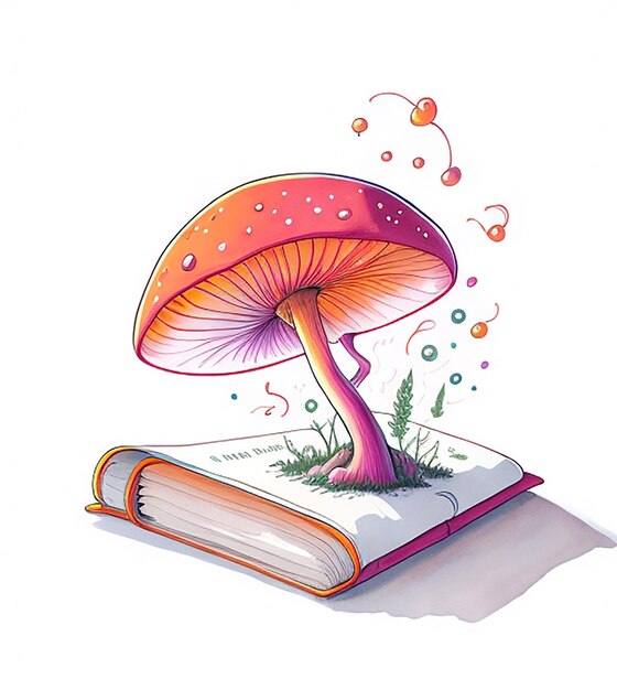 Colorful watercolor mushroom growing out of a book happy world book day