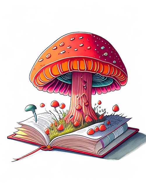 Colorful watercolor mushroom growing out of a book happy world book day