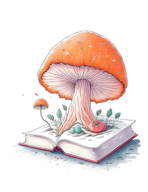 Colorful watercolor mushroom growing out of a book happy world book day