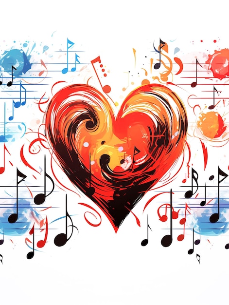 Photo colorful watercolor musical heart with notes and drips of paint